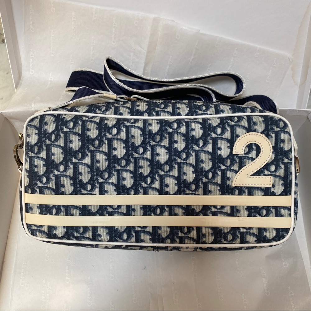 Dior Navy Blue and White Oblique Trotter Crossbody Bag with Number 2 Patch